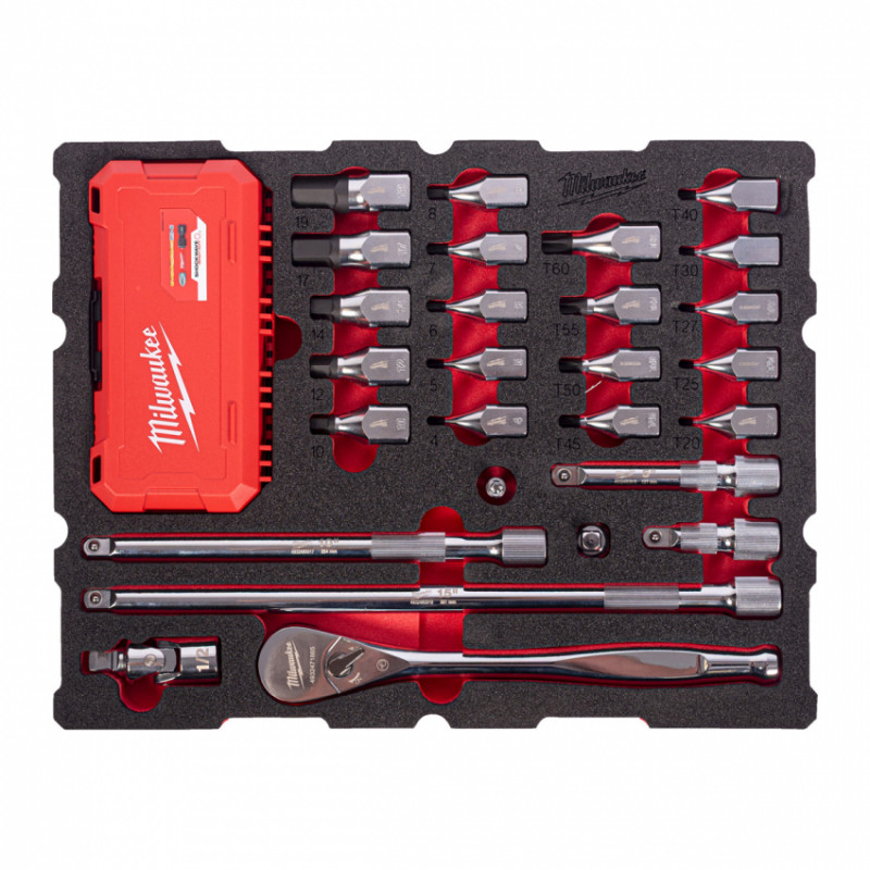 Ложемент для ящиків з полицями PACKOUT MILWAUKEE з головками TORX і HEX і тріскачкою 1/2'' (67шт)-4932501870