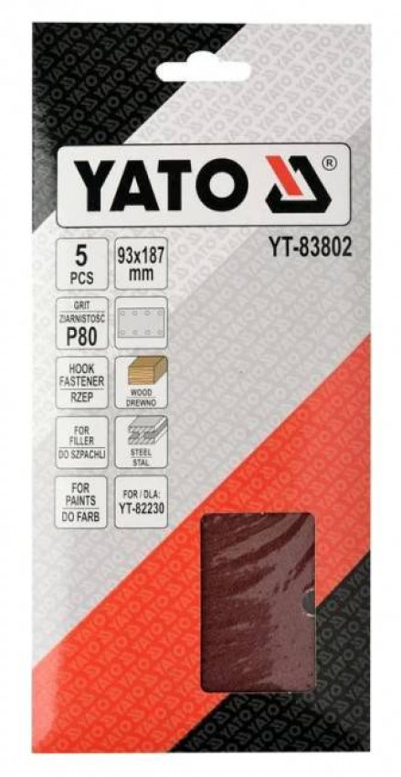 Папір шліфувальний на липучці YATO 93х187 мм Р80 для шліфувальної машини YT-82230 5 шт YT-83802-YT-83802