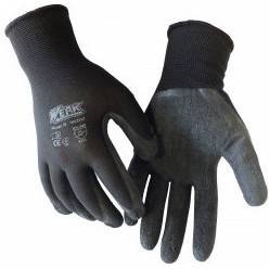(WE2125) Рукавички трикотажні поліестр,чорний колір,латексне покриття(чорне),оверлок на манжеті зеленого кольору, WERK-WE2125