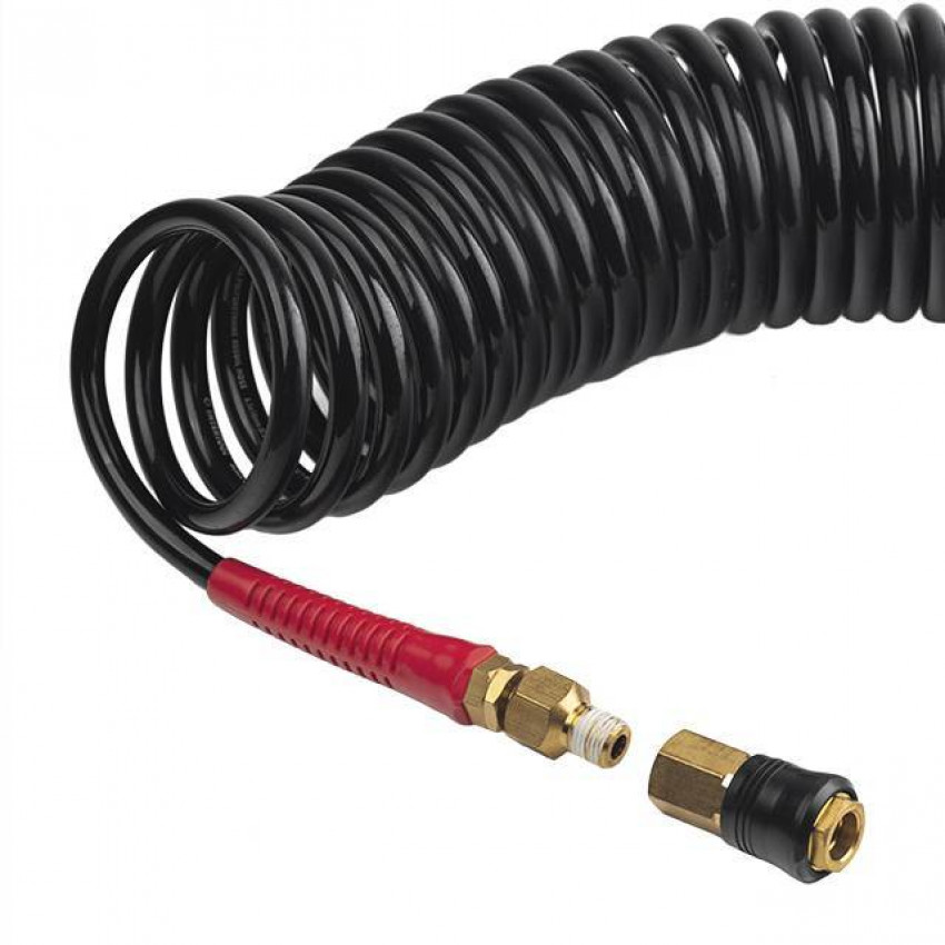 Шланг BLACK M-Flex 6,5х10мм, 10м спіральний поліуретановий з поворотним шарніром, латунними швидкороз'ємними з'єднаннями STORM INTERTOOL PT-1793-PT-1793