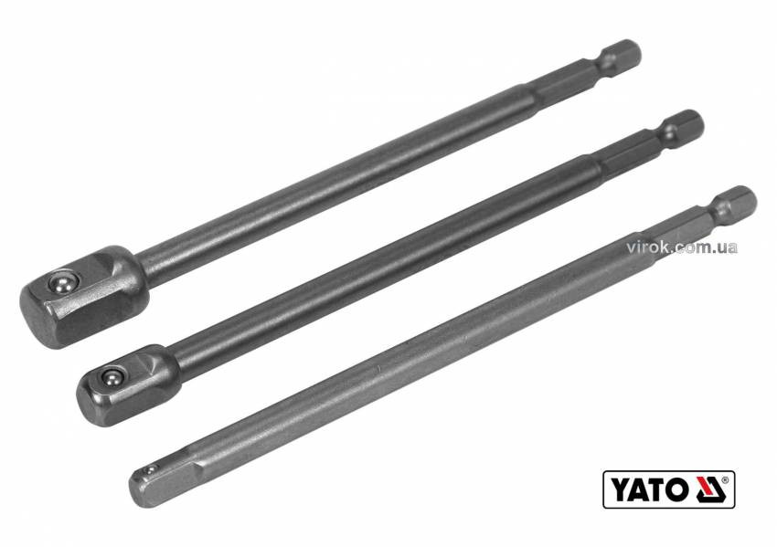 Тримачі-адаптери торцевих головок YATO: квадрат-1/4", 3/8", 1/2", L=150 мм, HEX-1/4", Cr-V, 3 шт-YT-04628