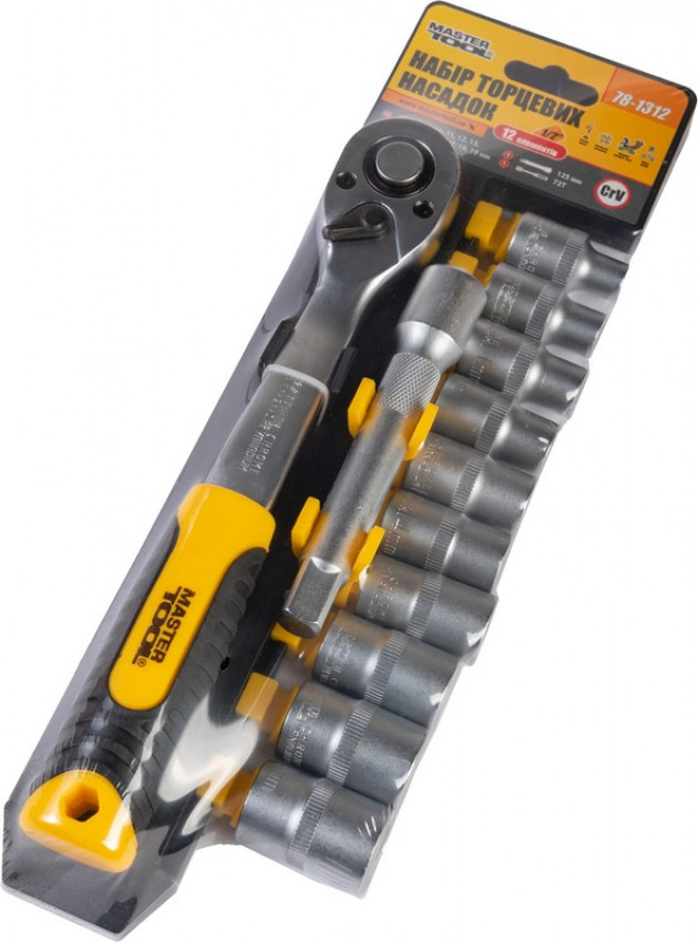 Набір насадок торцевих MASTERTOOL CRV 1/2" 8-19 мм подовжувач 125 мм тріскачка 72Т 12 шт 78-1312-78-1312
