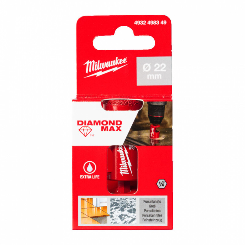 Коронка алмазна Diamond Plus/Max MILWAUKEE, діаметр 22,0мм (1/4'' Hex) (свердління з водою)-4932498349