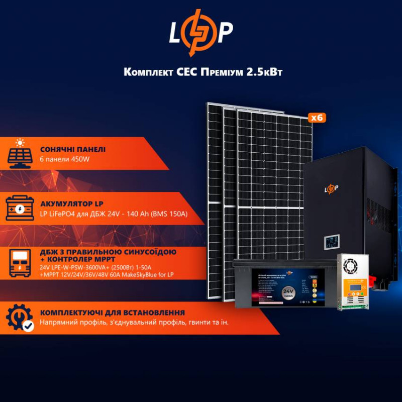 Сонячна електростанція (СЕС) Преміум (без комплектуючих) 2.5kW АКБ 3.3kWh LiFePO4 140 Ah-