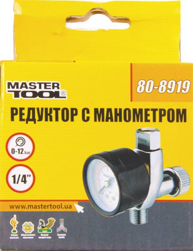 Редуктор з манометром для фарбопульта MASTERTOOL 0-12 бар металевий 1/4" 80-8919-80-8919