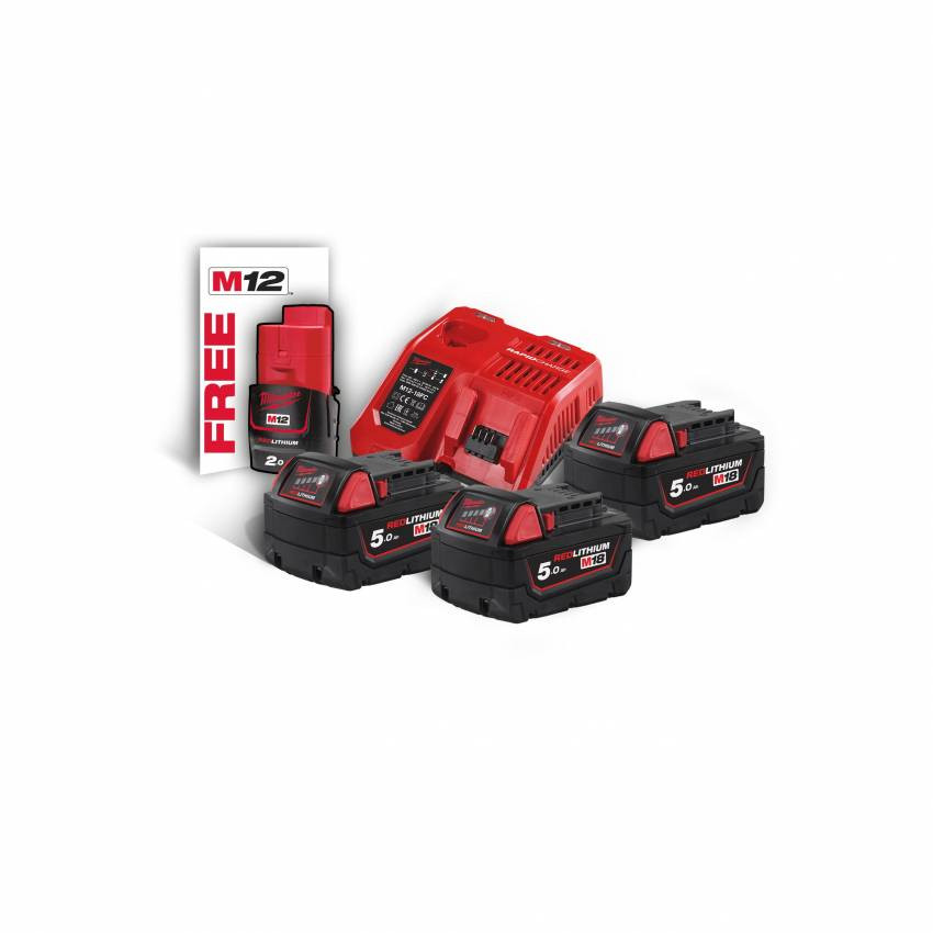 Енергокомплект MILWAUKEE, M18 NRG-503 ( зарядний пристрій, 3 акум.Х M18 В5 (5Ач), 1 акум. M12 B2 (2Ач)-4933451423