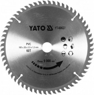 Диск пильний по ПВХ YATO: Ø=185х2.5x20 мм, 60 зубців, RPM до 9000 1/хв-[articul]