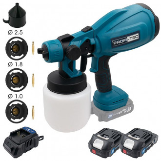 Акумуляторний фарбопульт PROFI-TEC PSG80020, 20В, 2 х PT2020MP 2,0Аг, зарядне, коробка, сопла-[articul]