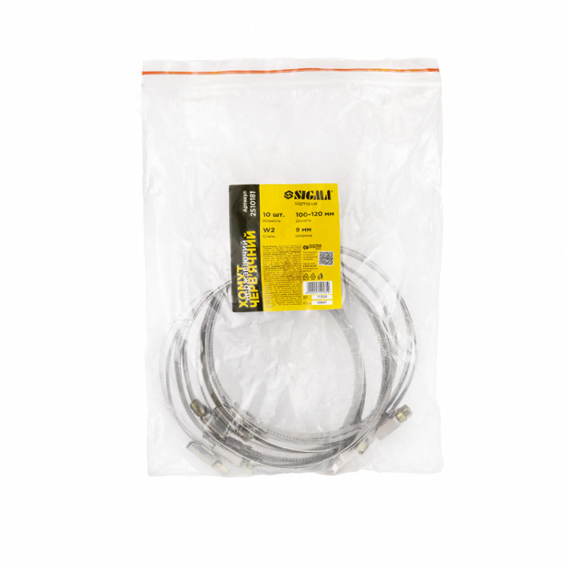 Хомут черв'ячний нержавіючий 9мм D100-120мм 10шт Sigma (2510181)-2510181