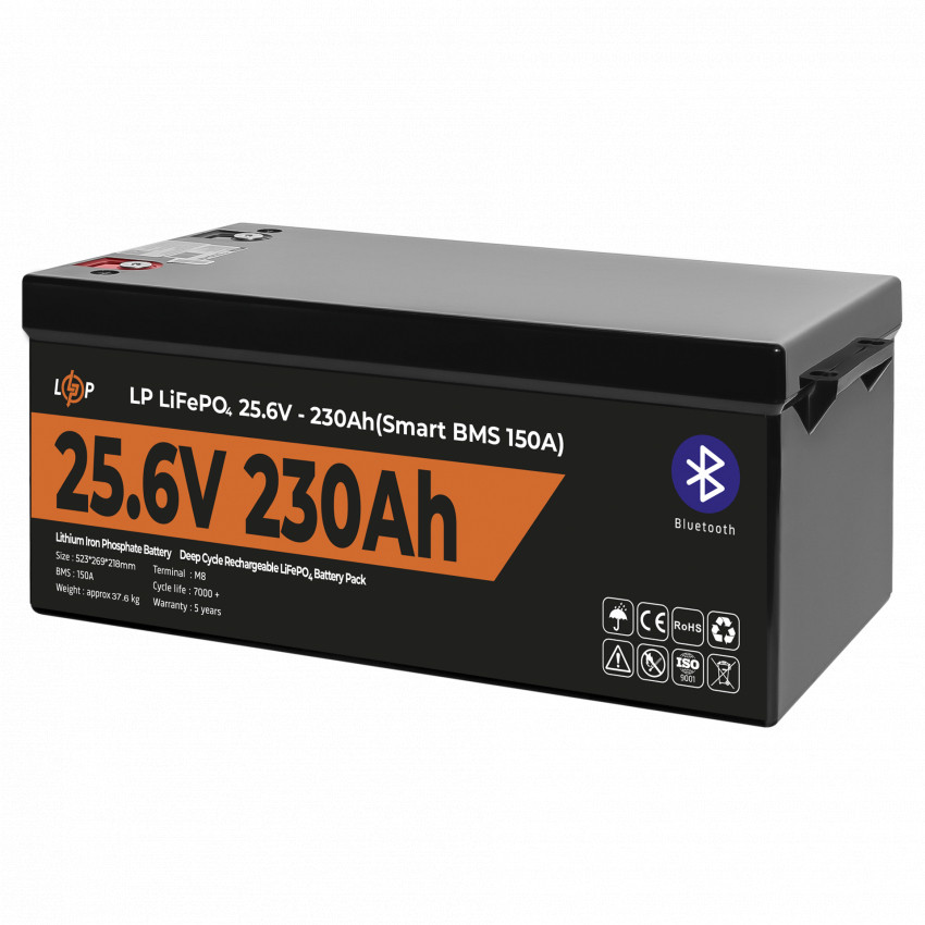 Акумулятор LP LiFePO4 25,6V - 230 Ah (5888Wh) (Smart BMS 150А) з BT пластик-