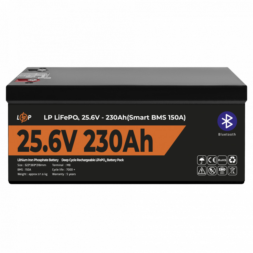 Акумулятор LP LiFePO4 25,6V - 230 Ah (5888Wh) (Smart BMS 150А) з BT пластик-