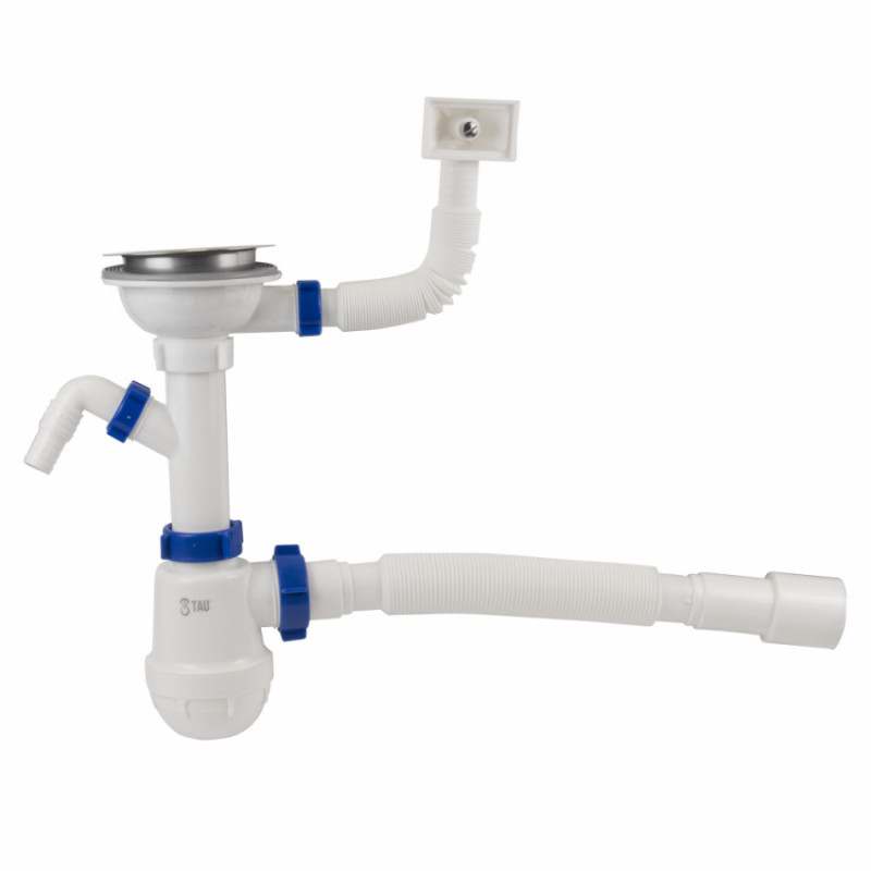Сифон для кухонної мийки з нержавіючим випуском 3½" виводом під пральну машину, квадратним переливом і гнучким відведенням Ø40/50мм TAU (9842521)-9842521