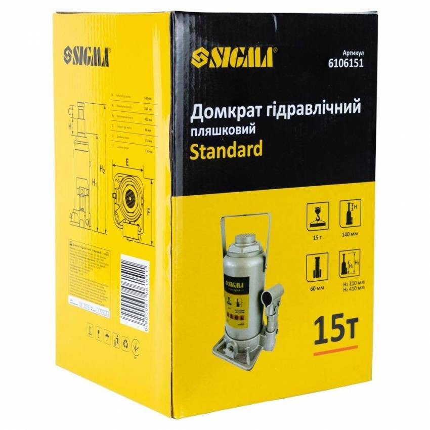 Домкрат гідравлічний пляшковий 15т H 210-410мм Standard Sigma (6106151)-6106151