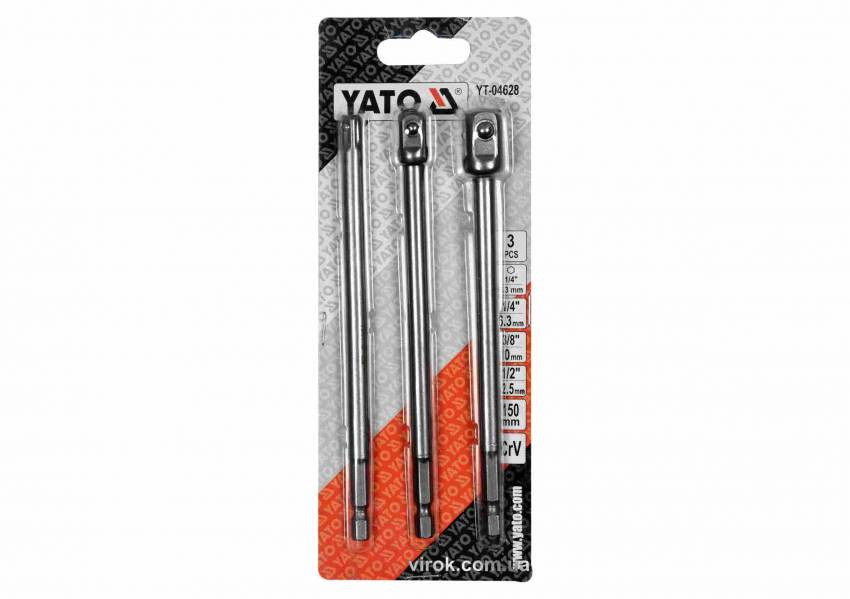 Тримачі-адаптери торцевих головок YATO: квадрат-1/4", 3/8", 1/2", L=150 мм, HEX-1/4", Cr-V, 3 шт-YT-04628