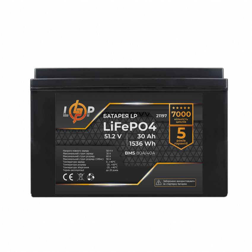 Акумулятор LP LiFePO4 51,2V - 30 Ah (1536Wh) (BMS 80A/40А) пластик-