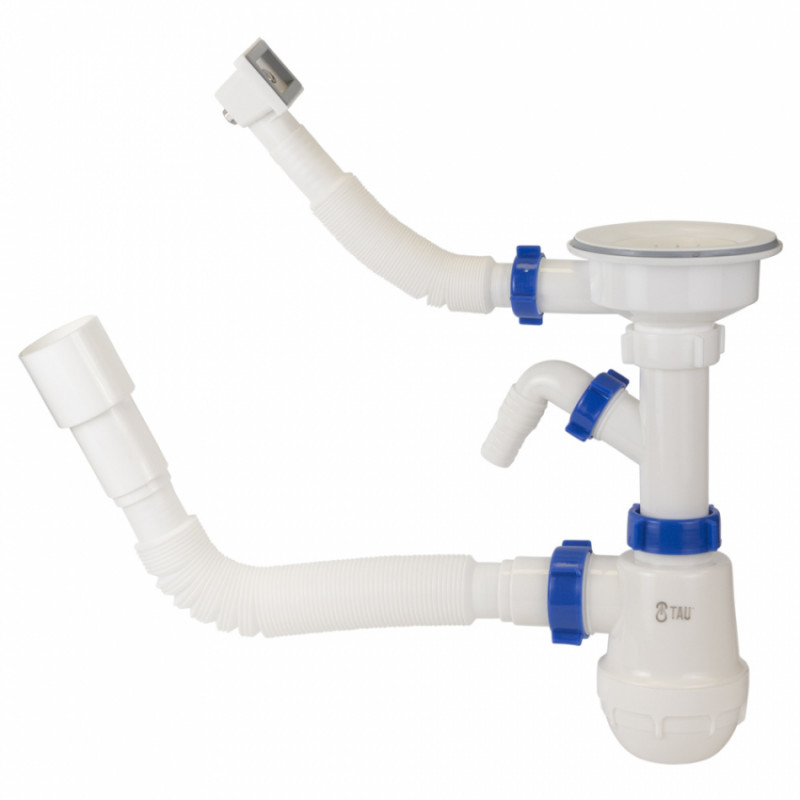 Сифон для кухонної мийки з пластиковим випуском 3½" виводом під пральну машину, квадратним переливом і гнучким відведенням Ø40/50мм (білий) TAU (9842823)-9842823