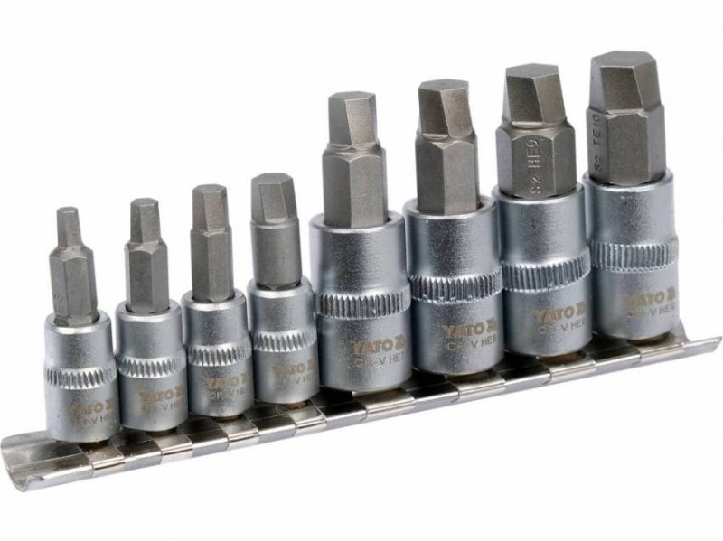 Головки торцеві з насад HEX спіральні для видалення зірв гвинтів YATO: до квадр. 1/4" і 3/8", 8 шт-YT-04580