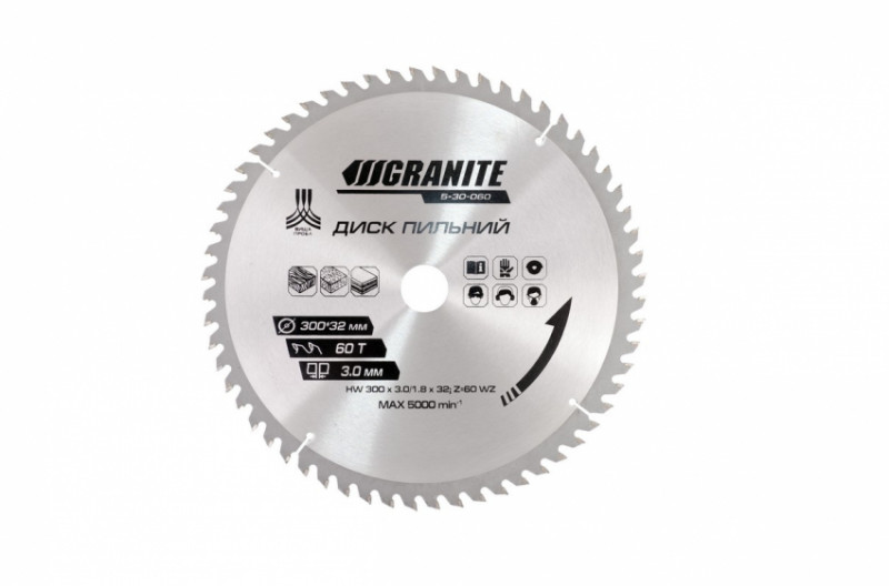 Диск пильний GRANITE для дерева з твердосплавними напайками 300х32х60Т адаптер 32-30/32-25.4 5100 об/хв 5-30-060-5-30-060