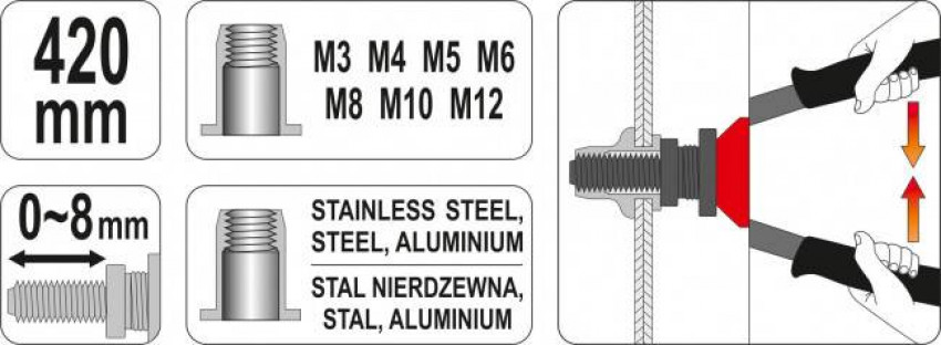 Заклепочник дворучний YATO для нітогайок М3; М4; М5; М6; М8; М10; М12; l=420 мм в футлярі-YT-36125