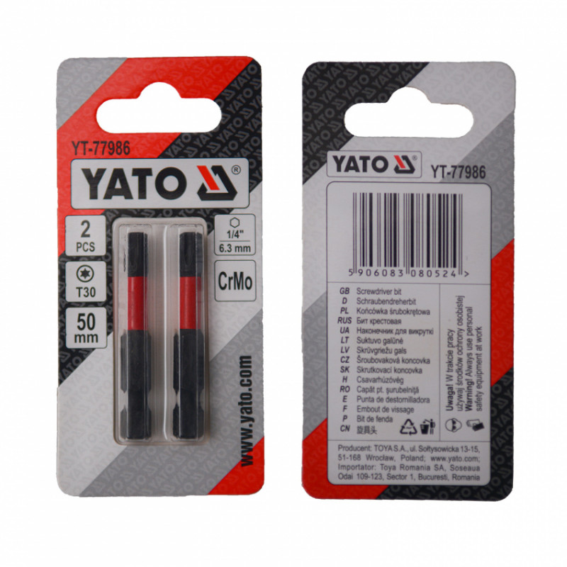 Насадка викруткова YATO TORX T30 х 50 мм. HEX 1/4", хром-молібден, 2 шт.-YT-77986