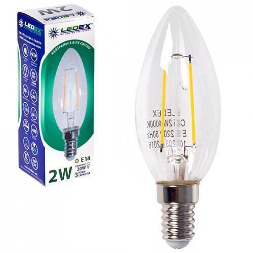Світлодіодна лампа LEDEX E14, 2W, свічка 190lm, 4000К, FILAMENT-102078