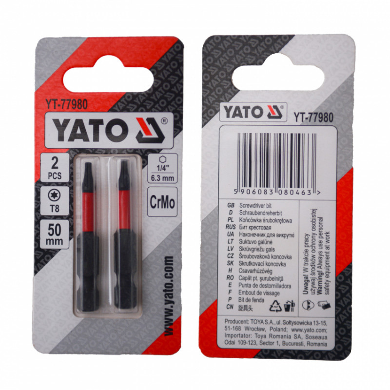 Насадка викруткова YATO TORX T8 х 50 мм. HEX 1/4", хром-молібден, 2 шт.-YT-77980