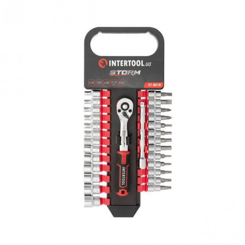 Набір головок 1/4 "4-14 мм., TORX, PH, HEX, FD, подовжувач, рукоятка з храповим механізмом 72 зуба, 28ед., Cr-V STORM INTERTOOL ET-8018-ET-8018
