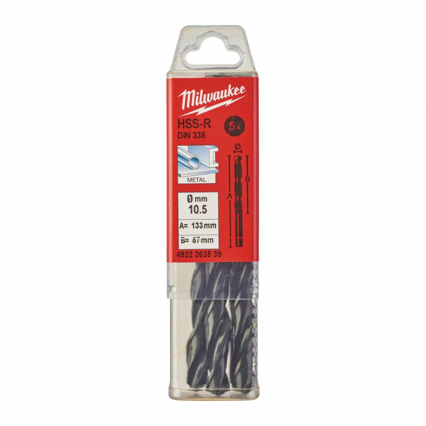 Свердло по металу HSS-R MILWAUKEE DIN338, Ø10,5мм, (5шт)-4932363539