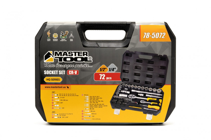 MasterTool Набір торцевих насадок PROFI CrV 1/4" - 1/2", тріскачка 72Т, 72 шт, кейс, Арт.: 78-5072-78-5072