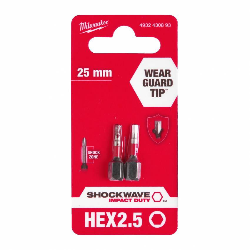 Біта SHOCKWAVE MILWAUKEE, Hex2,5, 25мм, (2шт)-4932430893