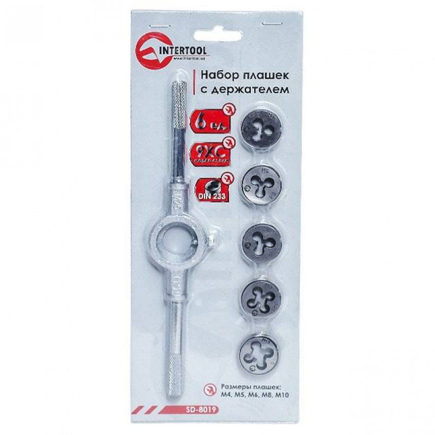 Нібор плашок з тримачем 6 од (M4,M5,M6,M8,M10) INTERTOOL SD-8019-SD-8019