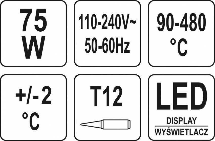 Паяльна станція мережева: 110-230 V YATO; Р= 75 Вт, t°= 90-480°С, жало тип T12, LCD табло-YT-82461