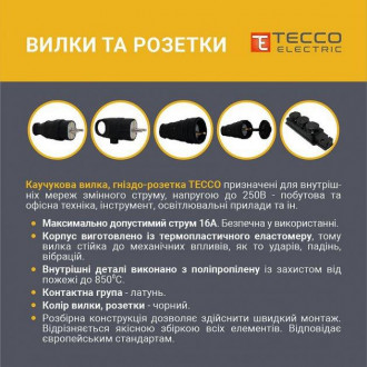 Розетка ТЕССО Каучук 4 поста із заземленням з кришкою чорна 1шт/уп