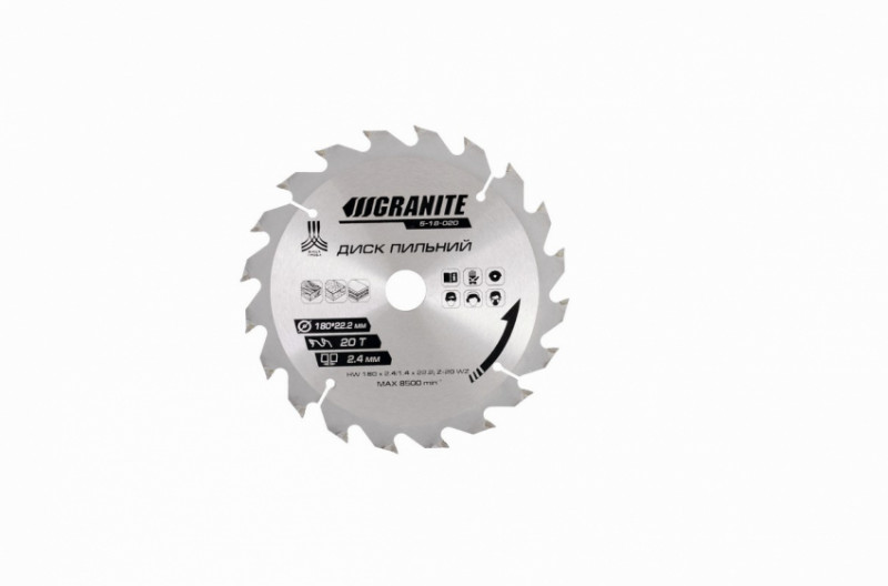 Диск пильний GRANITE для дерева з твердосплавними напайками 180х22.2х20Т адаптер 22.2-20 8400 об/хв 5-18-020-5-18-020
