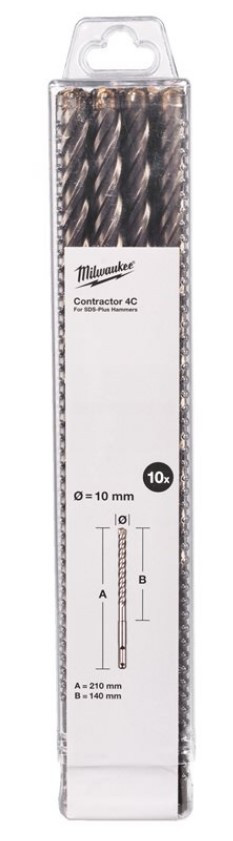 Бур SDS-PLUS 4C Contractor MILWAUKEE, O10х210мм, (10шт)-4932498889
