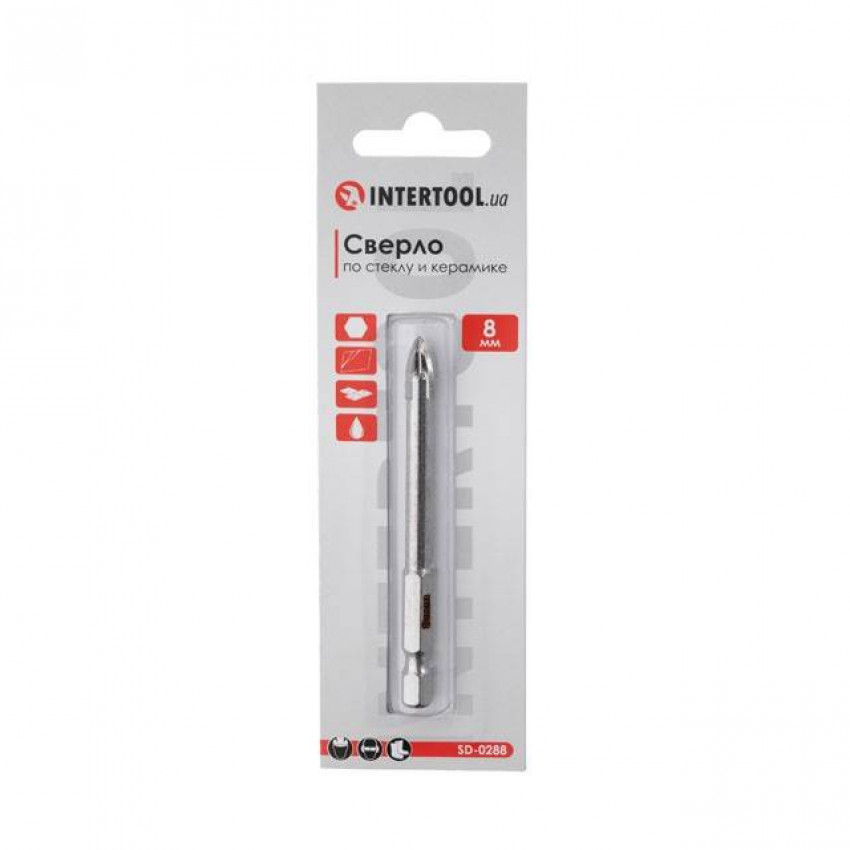 Свердло по склу та кераміці, 8 мм, HEX 1/4" INTERTOOL SD-0288-SD-0288