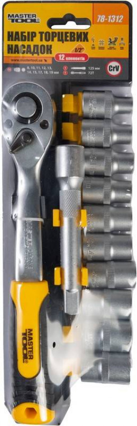 Набір насадок торцевих MASTERTOOL CRV 1/2" 8-19 мм подовжувач 125 мм тріскачка 72Т 12 шт 78-1312-78-1312
