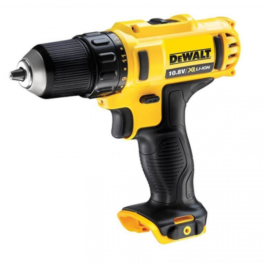 Дриль-шуруповерт акумуляторний DeWALT DCD710D2, ненаголошений, XR Li-Ion 10.8 В, 2 Ач, 24 Нм, 400-1500 об/хв, патрон 10 мм швидкозатискний, кількість швидкостей - 2, вага 1.1 кг, 2 ак-DCD710D2