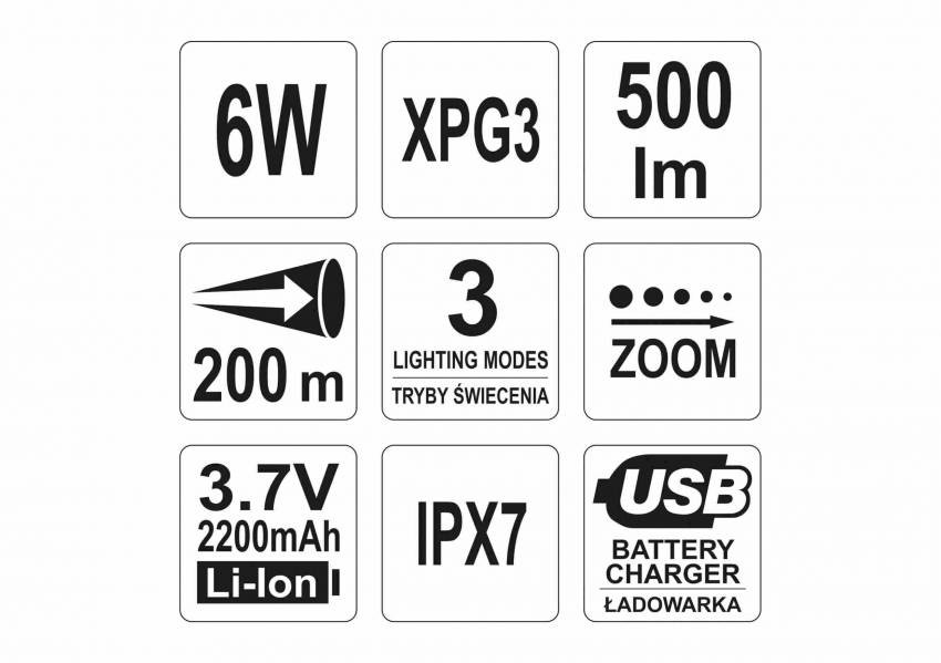 Ліхтар світлодіодний (XPG3 CREE) YATO, акумулят. Li-Ion-2.2A, Р = 6 Вт, Ф = 500 lm. Ø = 28 мм x 120 мм-YT-08568